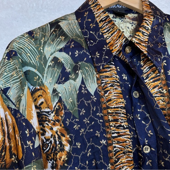 Vtg BRAVO men’s metallic silk tiger animal print gold browns button up shirt L - Picture 12 of 16